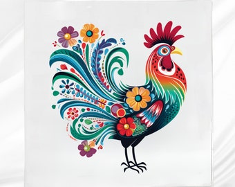 Folk Art Rooster Fabric Panel: Cotton blend Quilt Square