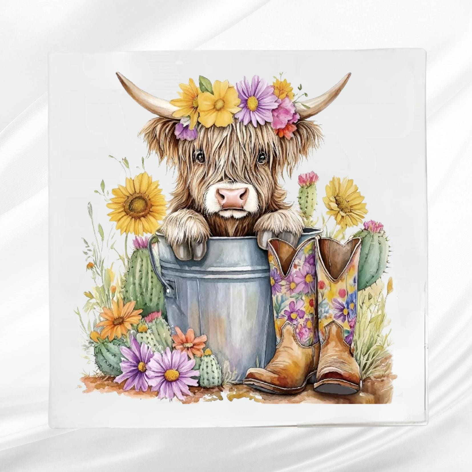 Western Highland Cow Fabric Panel: Floral Calf Quilt Block - Etsy