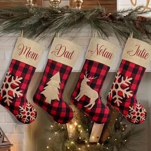Christmas Stockings Personalized Cotton Holiday Stockings ~ Appliquéd Stockings For Family Gift ~ Embroidery Name Stockings