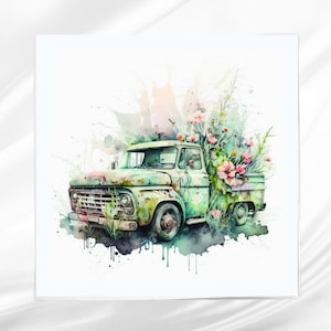 Green Truck Fabric Panel: Floral Quilt Block (Sewing Projects)
