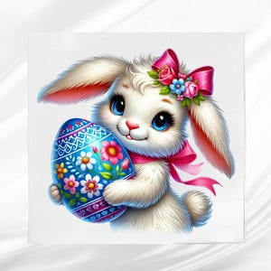 Cute Bunny with Easter Egg Fabric Panel ~ Easter Quilt Block ~ Square Fabric Panel for Sewing Projects
