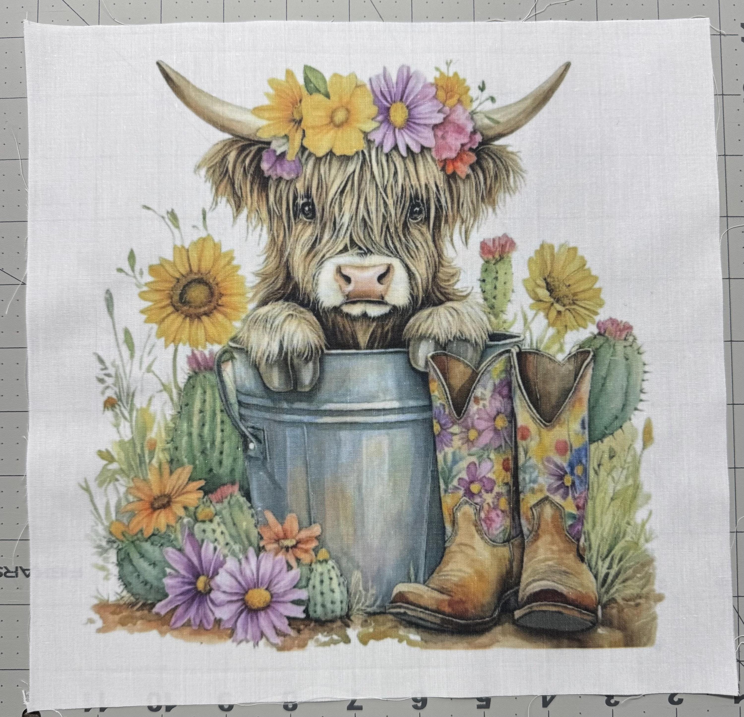 Western Highland Cow Fabric Panel: Floral Calf Quilt Block - Etsy