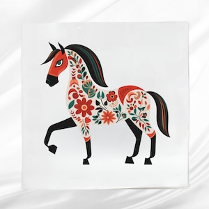 Folk Art Horse Fabric Panel ~ Quilt Block ~ Square fabric panel for sewing projects