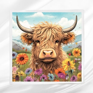 Highland Cow Fabric Panel ~ Highland Quilt Panel ~ Square fabric panel for sewing projects