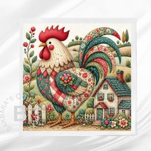 May include: A colorful illustration of a rooster with a red comb and wattle, and a patterned body. The rooster stands in front of a white picket fence and a small house with a green roof. Flowers and greenery surround the scene.