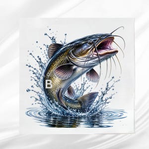 May include: A graphic illustration of a dark brown and grey catfish leaping out of water, creating a large splash with droplets. The fish has long whiskers and an open mouth. The letter B is visible on the side of the fish's body.