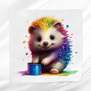 Colorful Hedgehog Fabric Panel ~ Quilt Block ~ Square fabric panel for sewing projects
