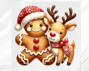 Gingerbread Man with Reindeer Fabric Panel: Cotton blend Quilt Block