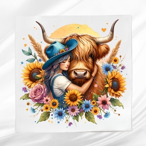 Western Cowgirl Fabric Panel ~ Cow Lovers Quilt Block ~ Square fabric panel for sewing projects