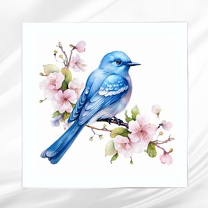 Blue Bird Fabric Panel: Floral Quilt Block for Sewing