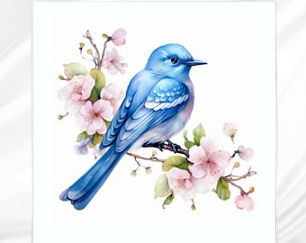 Blue Bird Fabric Panel: Floral Quilt Block for Sewing