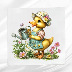 Duck Watering Flowers Fabric Panel ~ Duck Quilt Block ~ Square fabric panel for sewing projects