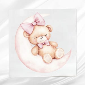 Pink Teddy Bear sleeping on the Moon Fabric Panel ~ Nursery Room Quilt Block ~ Square fabric panel for sewing projects