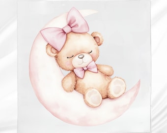 Teddy Bear Sleeping on Moon Fabric Panel: Nursery Quilt Block