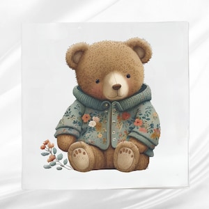 Teddy Bear Fabric Panel ~ Quilt Block ~ Square fabric panel for sewing projects