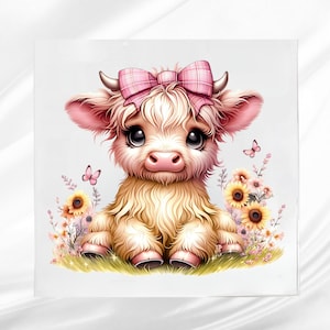 May include: A digital illustration of a fluffy, light brown Highland cow calf with a pink plaid bow, large eyes, and pink ears. The calf is surrounded by sunflowers, butterflies, and other flowers, set against a white background.