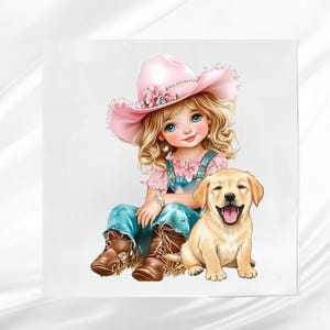 May include: Illustration of a young girl wearing a pink cowboy hat adorned with flowers, a pink top, blue overalls, and brown boots. A golden Labrador puppy sits beside her, smiling. The image has a soft, pastel color palette.