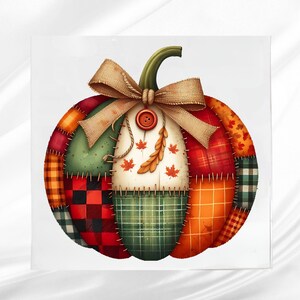 May include: A decorative pumpkin with a patchwork design. The pumpkin features various fabric patterns in orange, red, green, and plaid. A burlap bow and a button adorn the top, with a stem and a central panel decorated with maple leaves.