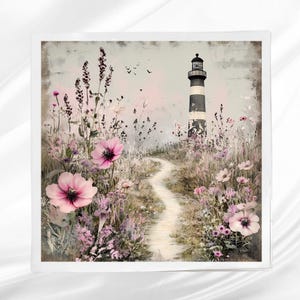 May include: A painting of a lighthouse with a white and black striped tower, standing in a field of pink wildflowers. A winding path leads to the lighthouse, with a soft, hazy background.