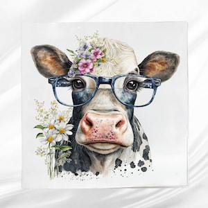 Cow with Glasses Fabric Panel ~ Cow Quilt Block ~ Square fabric panel for sewing projects