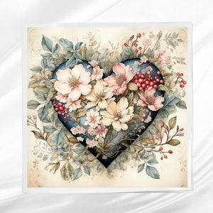 Floral Heart Fabric Panel ~ Quilt Block Panel ~ Square fabric panel for sewing projects
