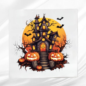 Spooky Castle Fabric Panel ~ Halloween Quilt Block ~ Square fabric panel for sewing projects