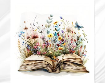 Könnte beinhalten: Ein offenes Buch mit einer Vielzahl von bunten Blumen, die aus seinen Seiten wachsen. Das Buch ist alt und abgenutzt, mit einer Vintage-Ästhetik. Ein Schmetterling sitzt auf dem Buch.