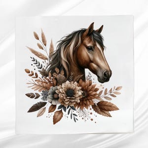 Brown Floral Horse Fabric Panel ~ Horse Quilt Block ~ Square fabric panel for sewing projects