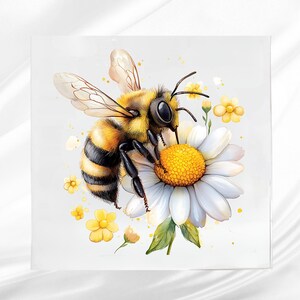 Pode incluir: Ilustração em aquarela de uma abelha e uma margarida. A abelha é amarela e preta, com asas translúcidas. A margarida tem pétalas brancas e um centro amarelo. Pequenas flores amarelas e folhas verdes estão espalhadas ao redor da abelha e da margarida.