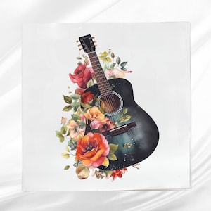 May include: A black acoustic guitar with a floral design. The guitar is surrounded by red, orange, and yellow flowers. The guitar has a light blue finish and a floral design.