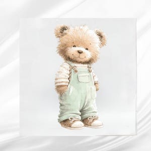 May include: A watercolor illustration of a teddy bear wearing a striped shirt and light green overalls. The bear has a friendly expression and is wearing brown shoes. The image has a soft, pastel color palette.