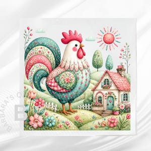 May include: Watercolor illustration of a colorful rooster with a floral patterned tail and body, standing in a field with a small cottage. The cottage has a pink roof and a green door, with a sun and flowers in the background.