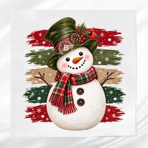 May include: A snowman illustration featuring a green top hat with a pinecone and red berries, a red and green plaid scarf, and two brown buttons. A red cardinal sits on the hat, set against a background of horizontal red, green, and tan brushstrokes.