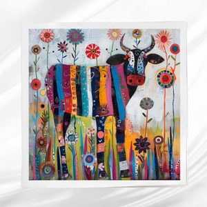 Geometric Country Cow Fabric Panel ~ Floral Cow Quilt Block ~ Square fabric panel for sewing projects