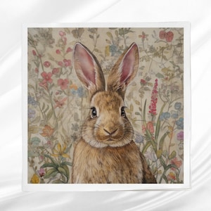Floral Brown Bunny Fabric Panel ~ Easter Crafting Fabric ~ Square fabric panel for sewing projects