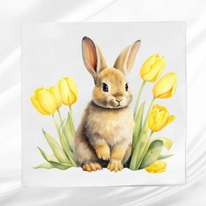 Bunny with Spring Tulips Fabric Panel ~ Easter Quilt Block ~ Square fabric panel for sewing projects