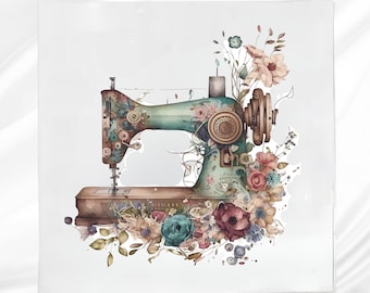 Op de afbeelding: Een vintage-stijl naaimachine met bloemmotieven. De machine is geschilderd in tinten van groen en bruin, met delicate bloemdetails. De machine is omringd door een boeket bloemen in tinten van roze, blauw en paars.