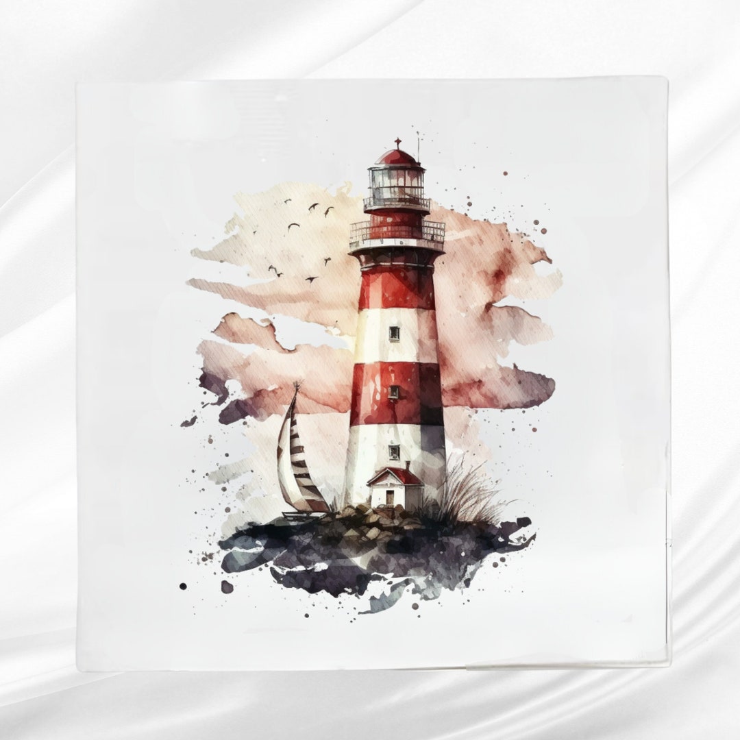 Watercolor Lighthouse Fabric Panel Quilt Block Square Fabric Panel for