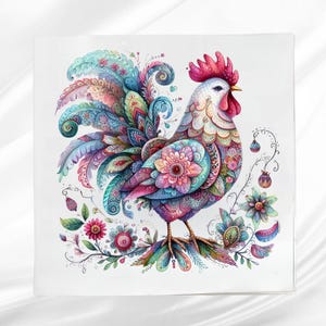 May include: A colorful rooster with intricate floral patterns on its feathers and body. The rooster is standing on a bed of flowers with green leaves and pink, blue, and purple flowers.