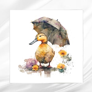 Duck with Umbrella Fabric Panel ~ Quilt Block ~ Square fabric panel for sewing projects