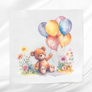 Cute Bear with Ballon&#39;s Fabric Panel ~ Quilt Block ~ Square fabric panel for sewing projects