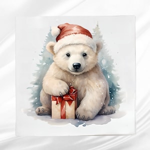 Christmas Polar Bear Fabric Panel ~ Quilt Block ~ Square fabric panel for sewing projects
