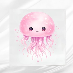 May include: A watercolor illustration of a pink jellyfish with a smiling face and long, flowing tentacles. The jellyfish has sparkling details and is surrounded by small bubbles, creating a whimsical and cute design.
