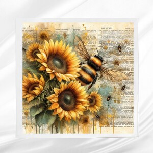 May include: A square print featuring a watercolor illustration of sunflowers and bees. The sunflowers are yellow with brown centers, and the bees have black and yellow stripes. The background is a vintage book page with watercolor splatters.