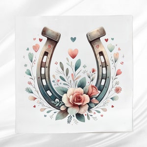 Floral Western Horse Shoe Fabric Panel ~ Horseshoe Quilt Block ~ Square fabric panel for sewing projects