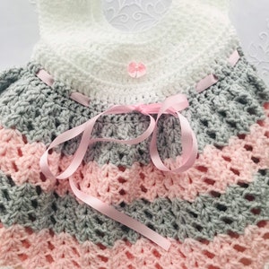 Crochet Baby dress for little princess! White, pink and gray color 9-12 months baby girl.
