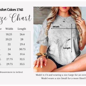 May include: A Comfort Colors 1745 size chart with measurements in inches. The chart includes sizes S to 4XL, with corresponding width and length measurements. A model is wearing a marbled t-shirt. The text on the image says the model is 5'4 and wearing a size Large for an oversized look.