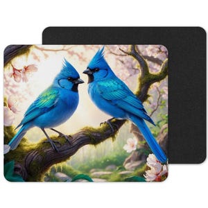 May include: A mousepad featuring a pair of vibrant blue birds perched on a moss-covered branch. The birds have black beaks and are set against a backdrop of blooming cherry blossoms and a soft, blurred landscape. The mousepad is rectangular with rounded corners.