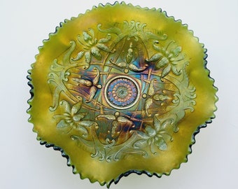 Antique Northwood Carnival Glass Wishbone Bowl, Collectible Northwood, Wedding Gift, Green Carnival Glass