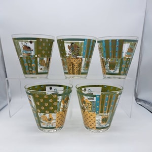 Vintage Georges Briard Signed Low Ball Glasses Set, Georges Briard Gold, Green, Aqua Boat, Eagle, Drums, Weathervane, Mid Century Barware
